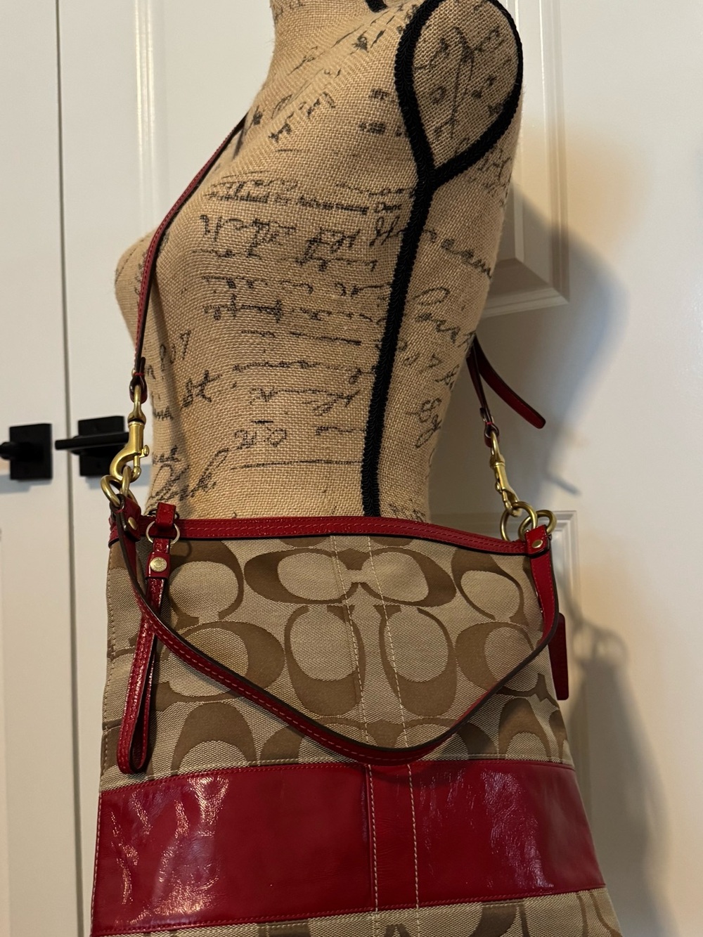Vintage Coach Brown Signature Canvas w/ Red Patent Leather Cross Body
